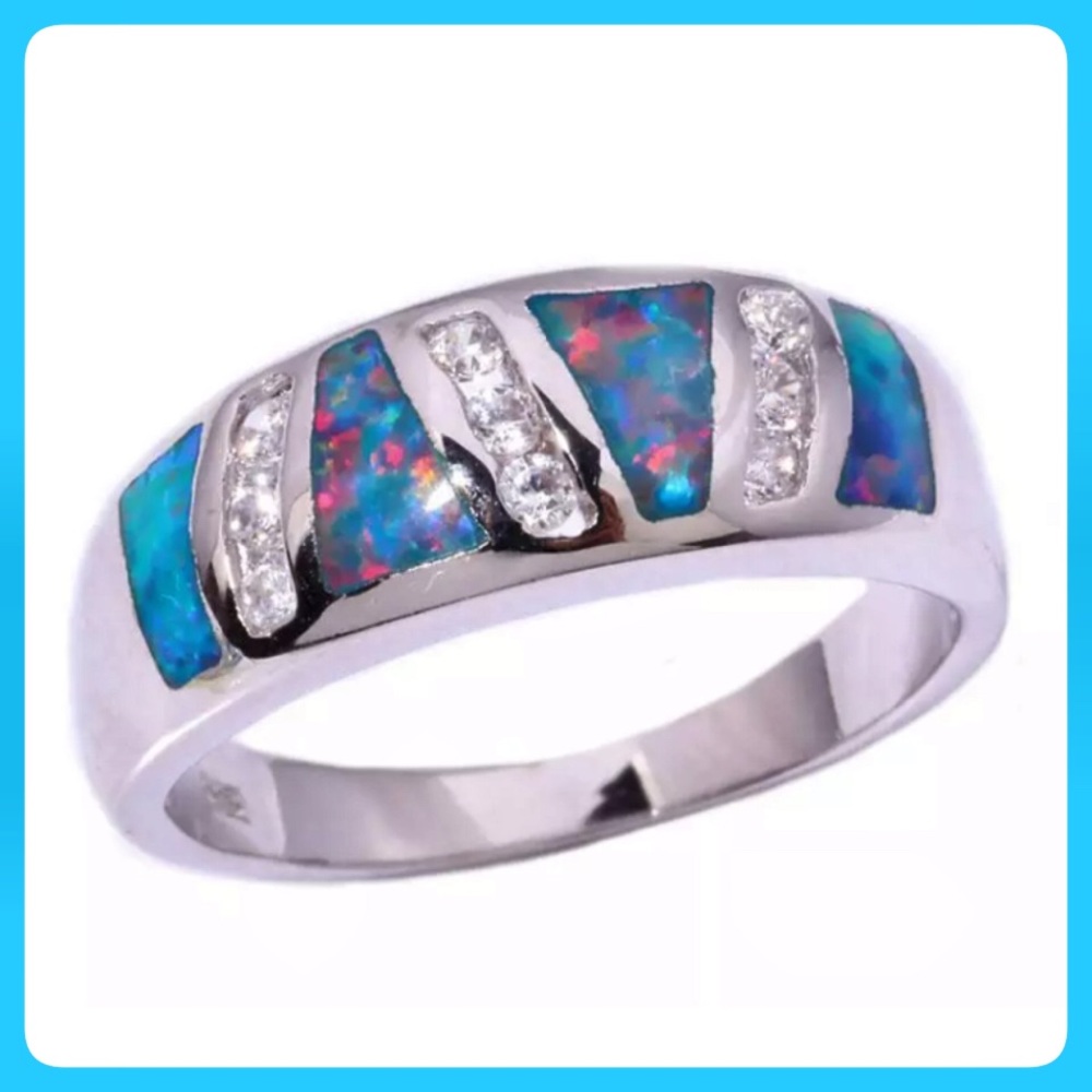 - Blue Fire Opal & Zirconia Silver Flat Band Ring SZ 6.5! NEW!